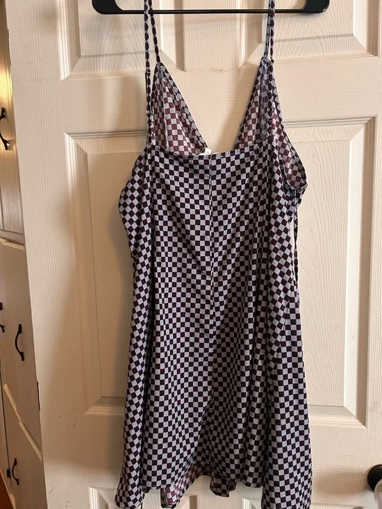 Jade By Jane Checkerboard Button-Front Slip Dress in Light Blue and Brown - Picture 2 of 6